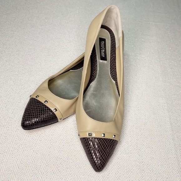 White House Black Market Tan Snakeskin Leather Pointy Toe Flats Shoes 8.5 - Picture 6 of 10